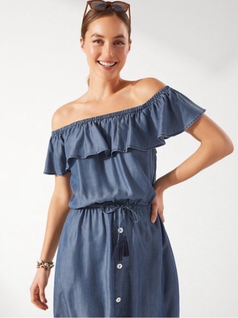 Tommy Bahama Off-Shoulder Ruffle Blue Midi Dress with Drawstring Waist